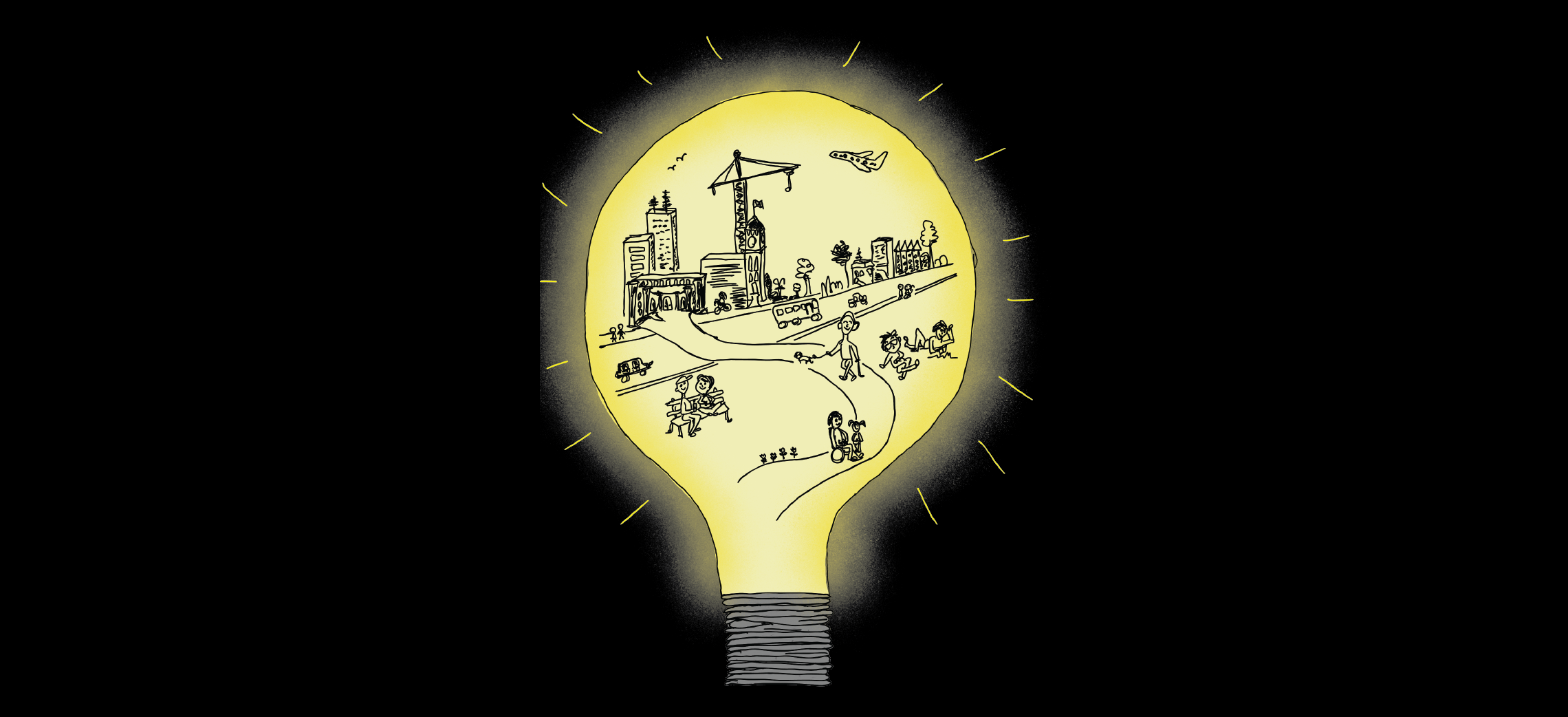 Drawing of a gradient chartreuse yellow lightbulb on a black background. In the centre of the bulb is a drawing of a city and people walking in a park. The lightbulb has a yellow glow around it.