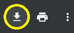 Three icons are shown on a black background. To the left, the first icon is an arrow pointing down, placed above a horizontal line. In the middle is the icon of a printer, and to the right, three white dots. The first icon shown is the download button. It is circled in yellow.