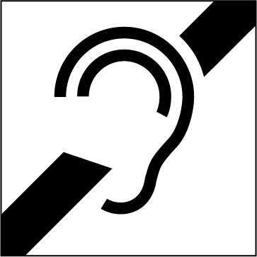 The fifth symbol is the symbol used to indicate assistive listening systems. There is a simplified line drawing of an ear with a thick black diagonal line behind it. 