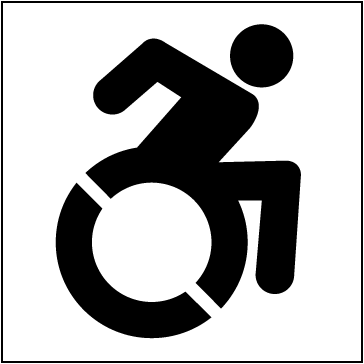 The third symbol is the Dynamic Symbol of Accessibility. It is a simplified line drawing of a person in a wheelchair leaning forward with their arm back as if they are pushing the wheelchair quickly. 