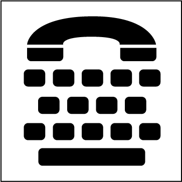 The eighth symbol is the International Symbol of TTY. There is a telephone receiver on top of three rows of black squares to indicate a typing pad. 