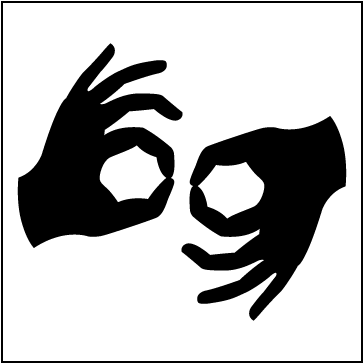 The seventh symbol is the symbol used to indicate sign language interpretation. There are two hands each with their thumb and forefinger together and the last three fingers outstretched. One hand is upside down in relation to the other. 
