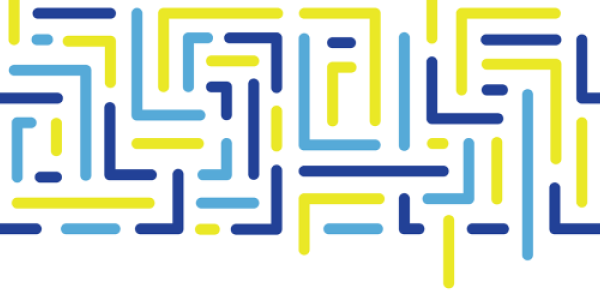 A grouping of blue and yellow brackets appear over a white background.
