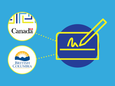 On a light blue background, a blue circle containing a doodle of a pen and a signed piece of paper is connected to two smaller circles to the left by a dotted line. The circle at the top contains the Accessibility Standards Canada logo and the circle at the bottom contains the Government of British Columbia logo.