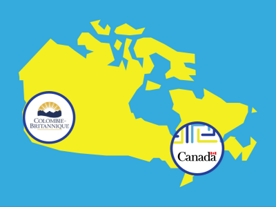 A map of Canada in yellow appears on a light blue background. Logos of BC and Accessibility Standards Canada are on each side.