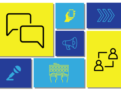 A grouping of yellow and blue rectangles that create the Annual Public Meeting logo.