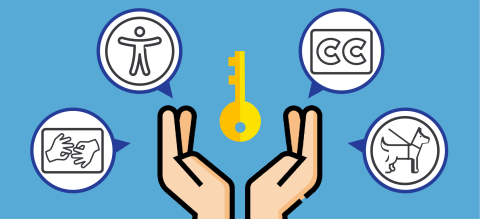 On a light blue background, in the center are open hands with a yellow key in between them. On the left and right sides of the hands are bubbles with accessibility icons inside of them.