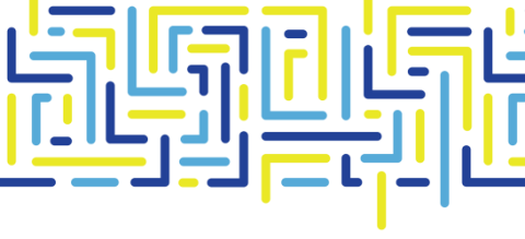 A grouping of blue and yellow brackets appear over a white background.